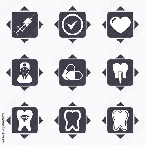 Tooth, dental care icons. Stomatology signs.