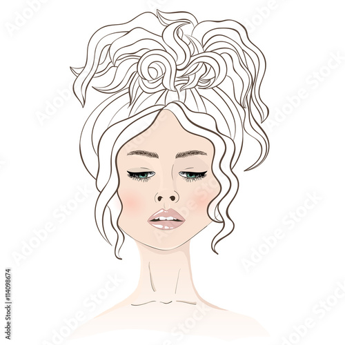 Young beautiful woman with wavy hair. Coloring for adults. Vecto