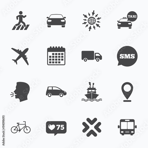 Transport icons. Car, bike, bus and taxi signs.
