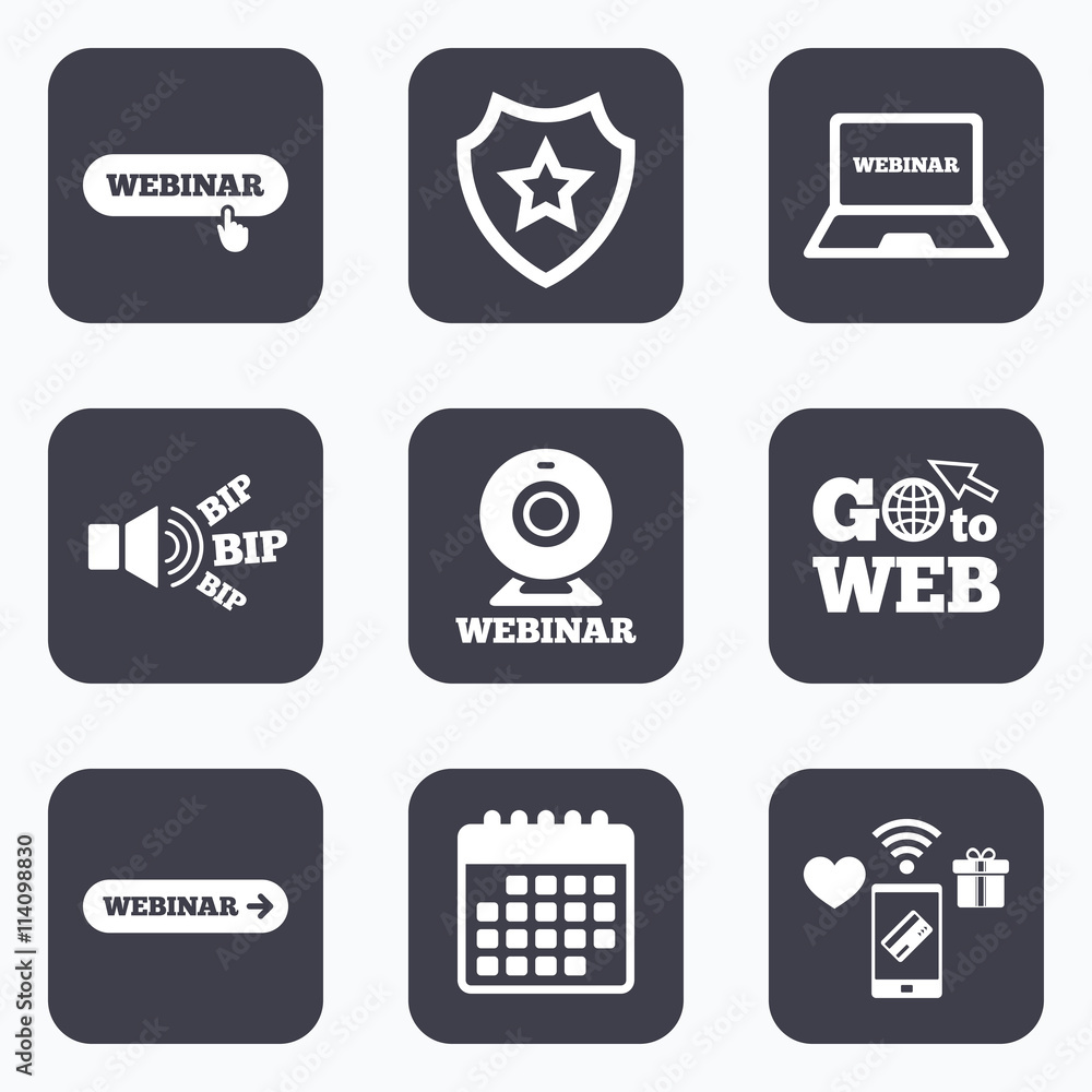 Webinar icons. Web camera and notebook pc signs.