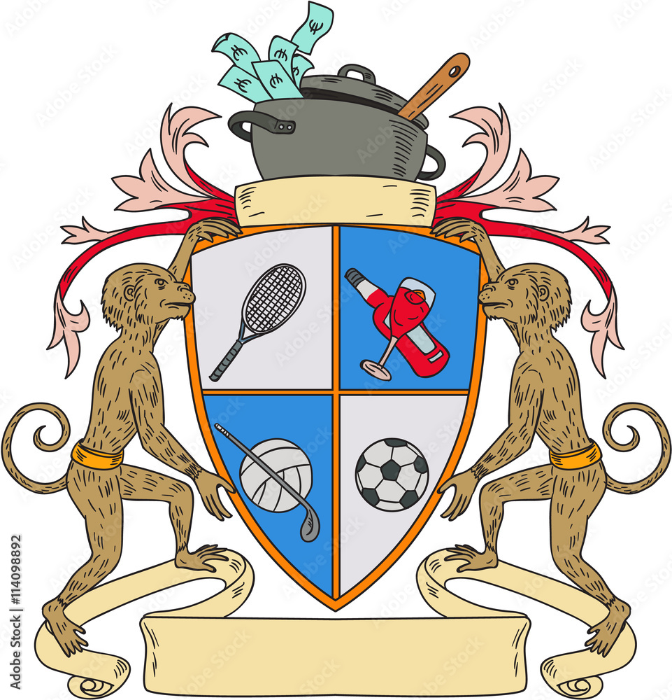 Fototapeta premium Monkey Money Cook Pot Sports Wine Coat of Arms Drawing