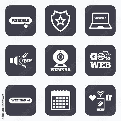 Webinar icons. Web camera and notebook pc signs.