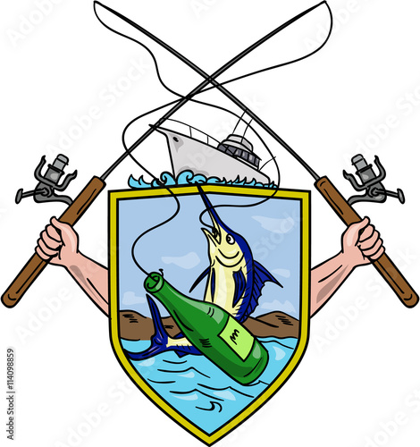 Fishing Rod Reel Blue Marlin Beer Bottle Coat of Arms Drawing