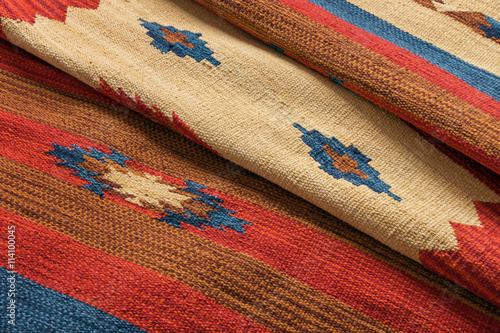 Close up of a hand woven striped patterned indian kilim carpet photo