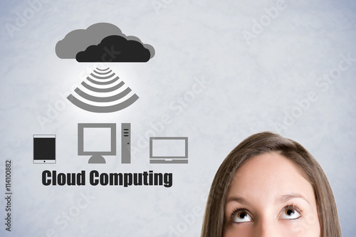 Woman Thiinking About Cloud Computing photo