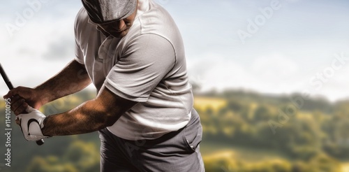 Composite image of portrait of golf player taking a shot photo
