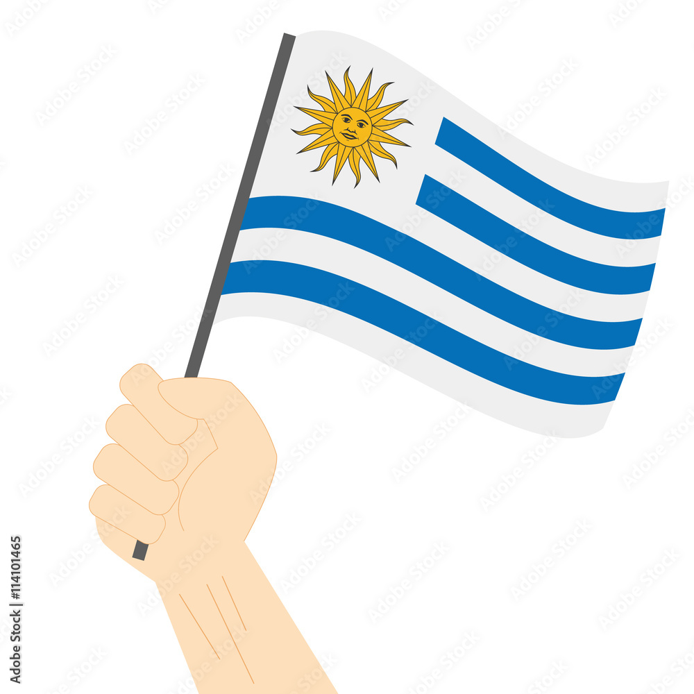 Obraz premium Hand holding and raising the national flag of Uruguay