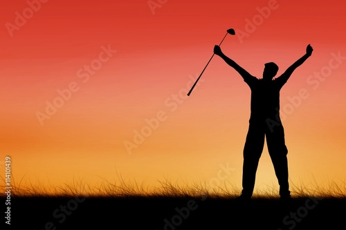 Composite image of golf player raising arms 