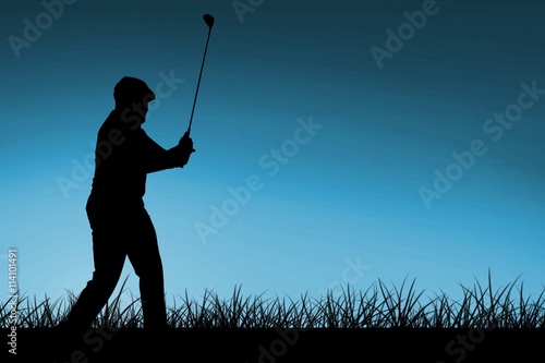 Composite image of golf player taking a shot