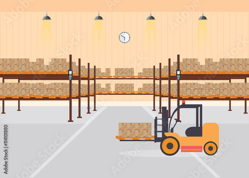 Warehouse interior load boxes and pallet on shelves.