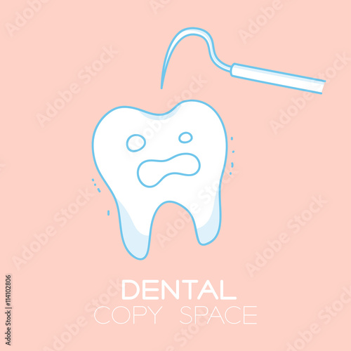 Tooth and explorer cartoon illustration isolated on pastel baby pink color background with dental copy space