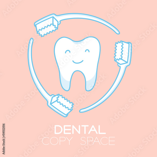 Tooth and toothbrush protecting cartoon illustration isolated on pastel baby pink color background with dental copy space
