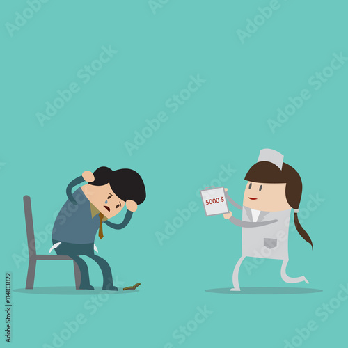 beautiful smiling nurse indicating bill to patient who no money, Problem: Collecting Money From Patients