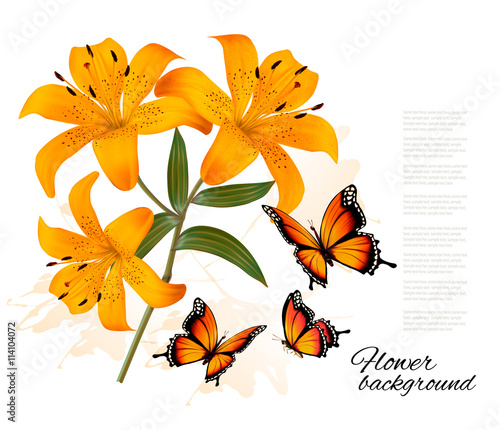 Flower Background With Three Beautiful Lilies and Butterflies. V