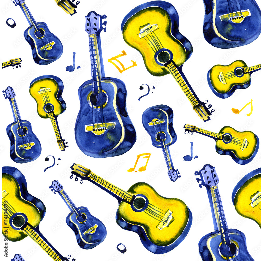Fototapeta premium guitars semaless pattern, hand-painted in watercolor