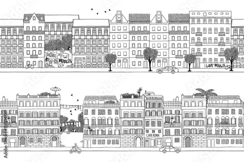 Photography Two hand drawn seamless city banners - Berlin and Rome style houses
