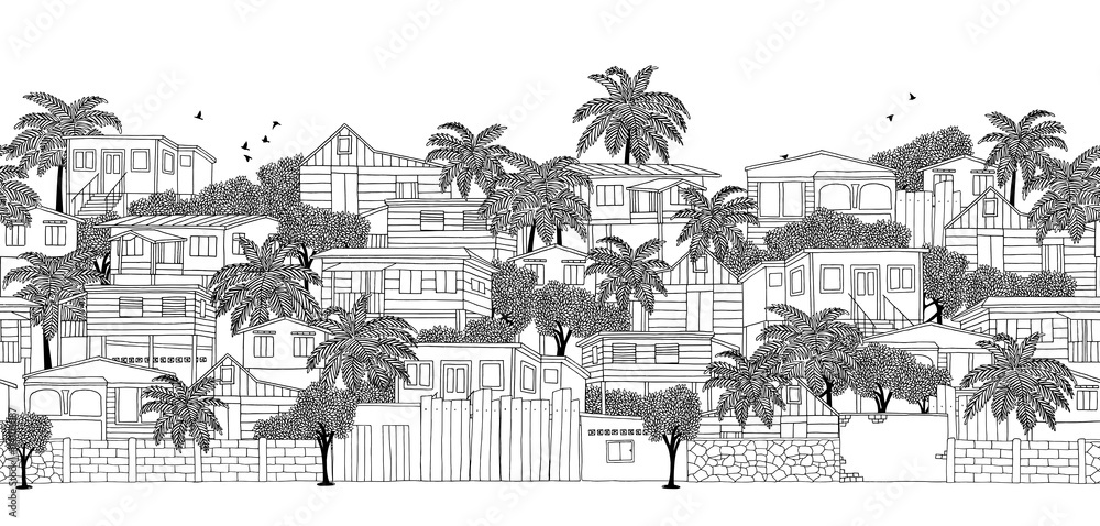 Seamless banner of a Caribbean village with wooden stilt houses, hand drawn black and white illustration Seamless banner of a Caribbean village with wooden stilt houses, hand drawn black and white illustration