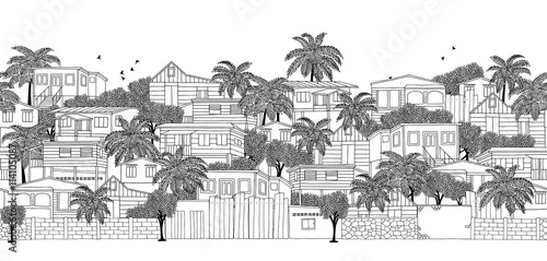 Seamless banner of a Caribbean village with wooden stilt houses, hand drawn black and white illustration