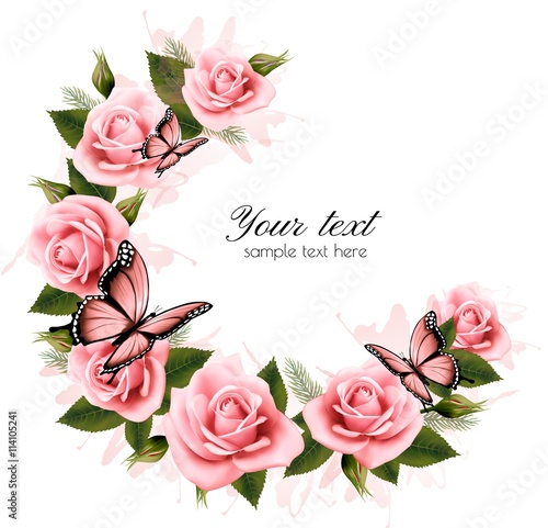 Holiday background with beauty flowers and butterflies. Vector.