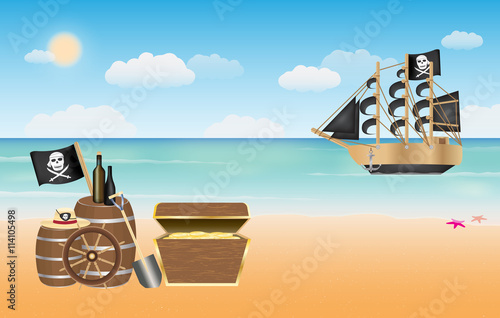 pirate treasure with pirate ship scene at beach