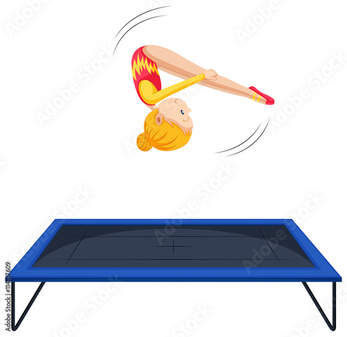 Woman athlete doing gymnastics on trampoline