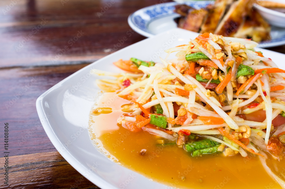 Somtum or Thai spicy papaya salad - Selective focus