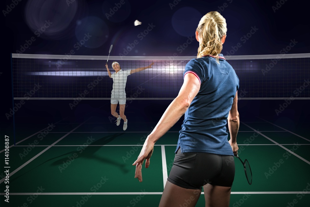 Composite image of badminton players playing badminton 