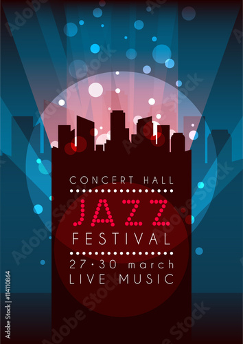 Vertical music jazz background with silhouette of city and text. 