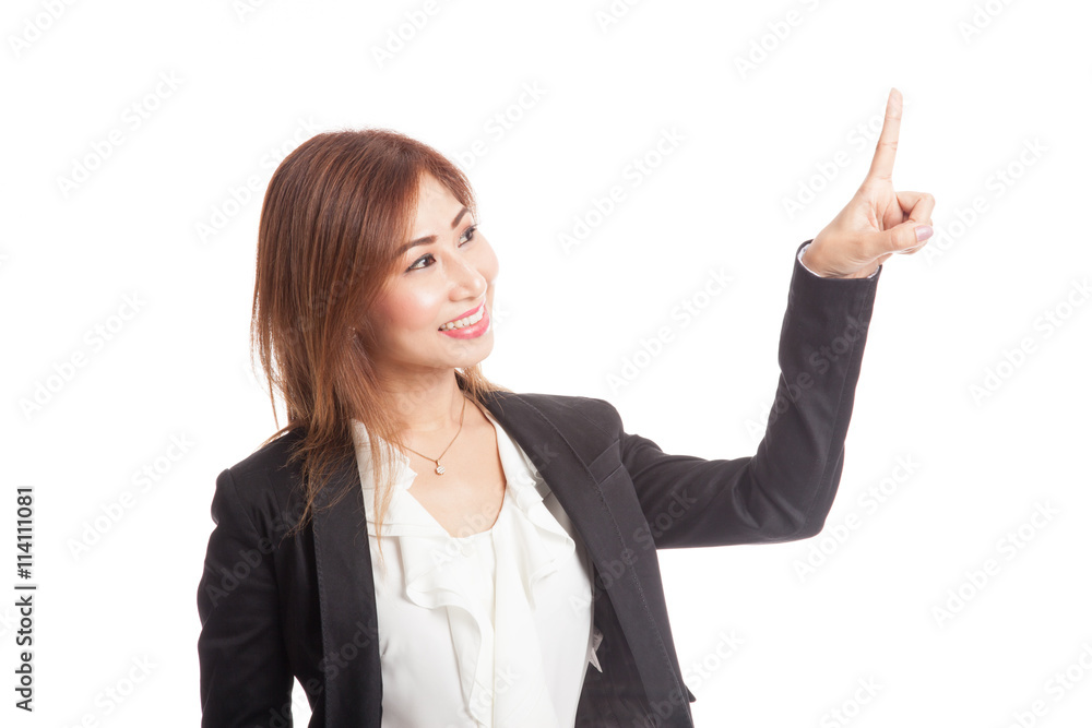 Asian business woman touching the screen with her finger Asian business woman touching the screen with her finger