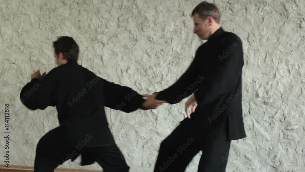 Training in the hall. Two men practicing the elements of tai chi Training in the hall. Two men practicing the elements of tai chi