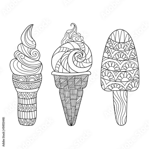 Zentangle ice cream set for coloring book. Hand drawn vector illustration photo