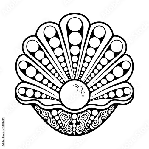 Hand Drawn Sea shell with pearll. Black and white illustration in zentangle style.