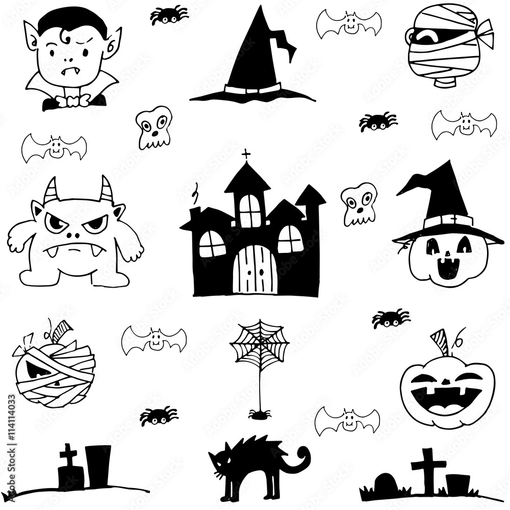 Doodle of castle pumpkins cat monster element halloween