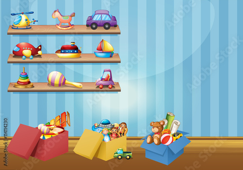 Many toys on the shelves and floor © GraphicsRF
