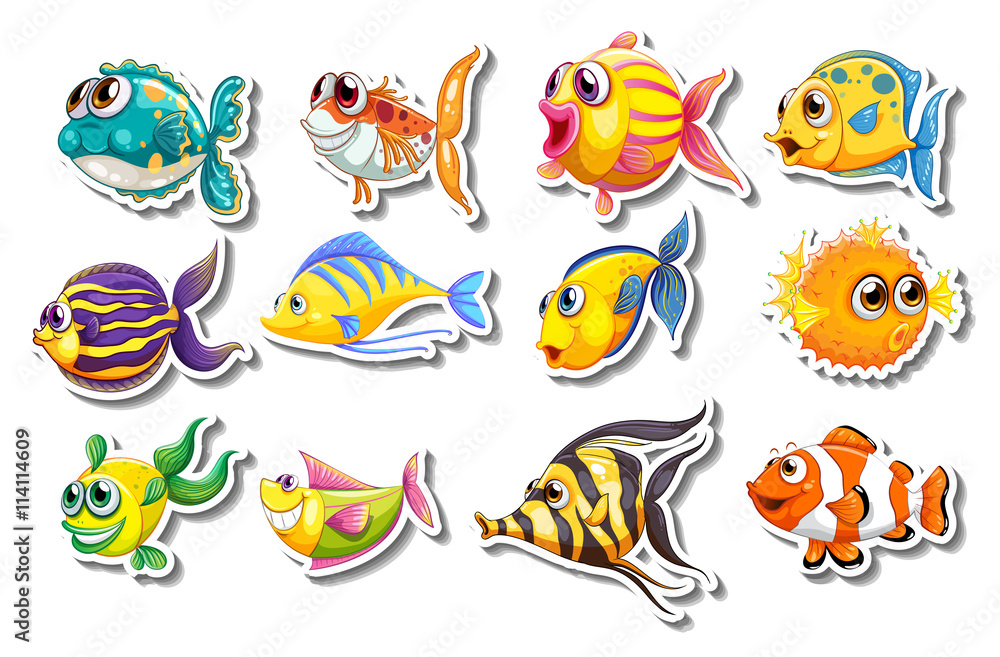 Set of stickers with cute fish
