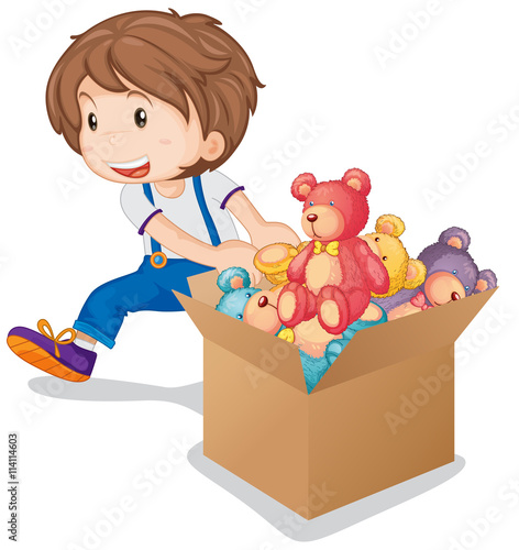 Little boy pulling box of teddy bears