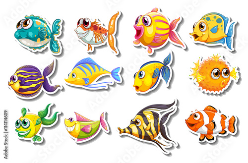 Set of stickers with cute fish