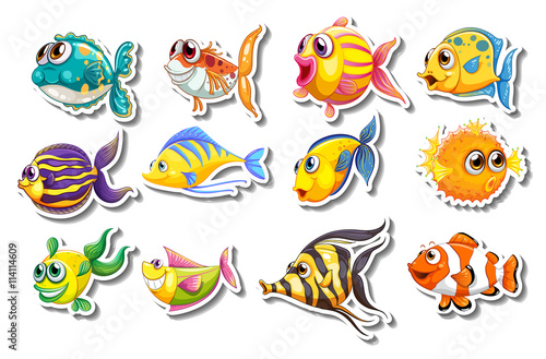 Set of stickers with cute fish