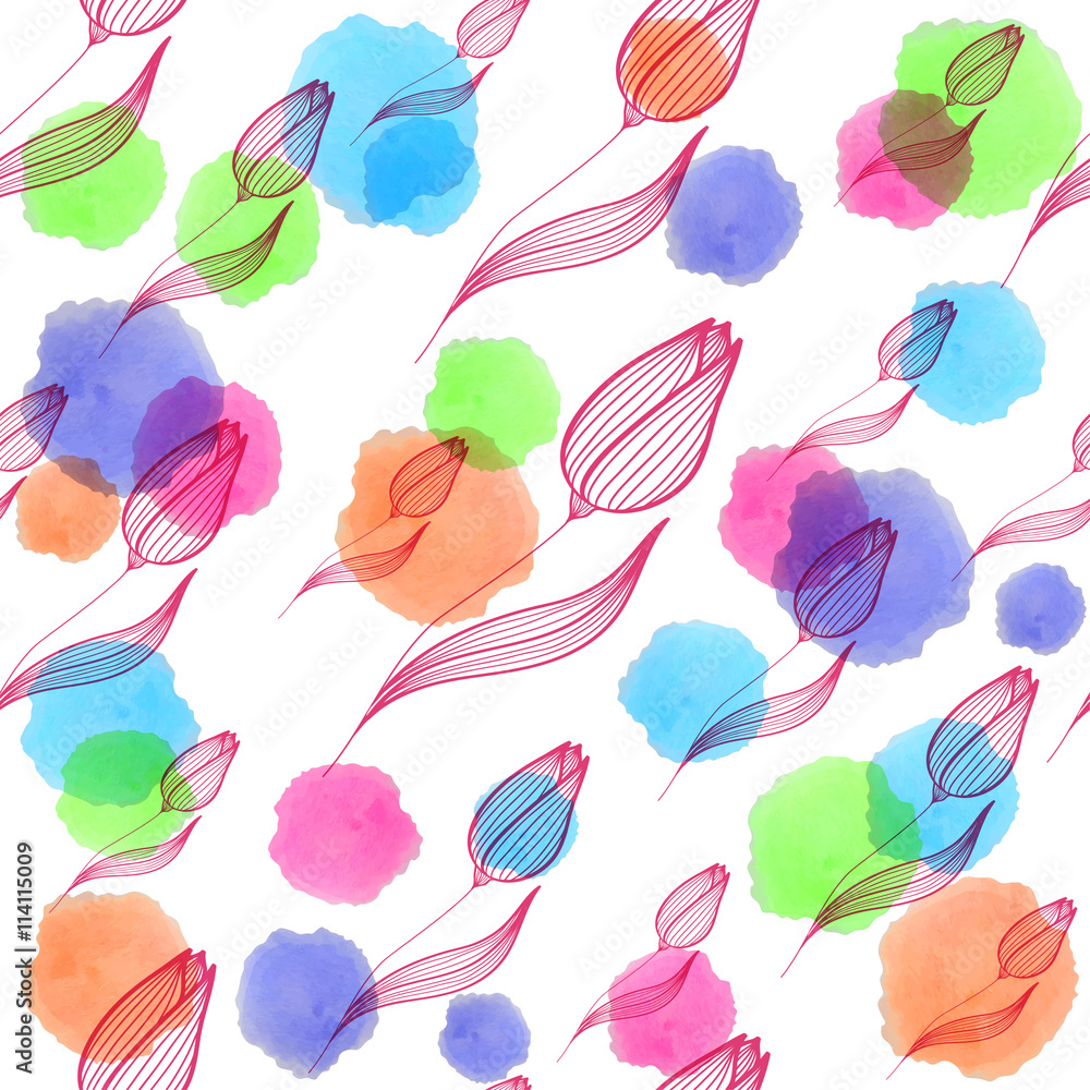 Obraz premium Tulips seamless pattern watercolor stains