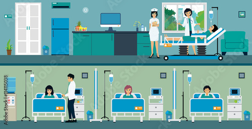 Patients in a hospital room with a great room and a common room.
