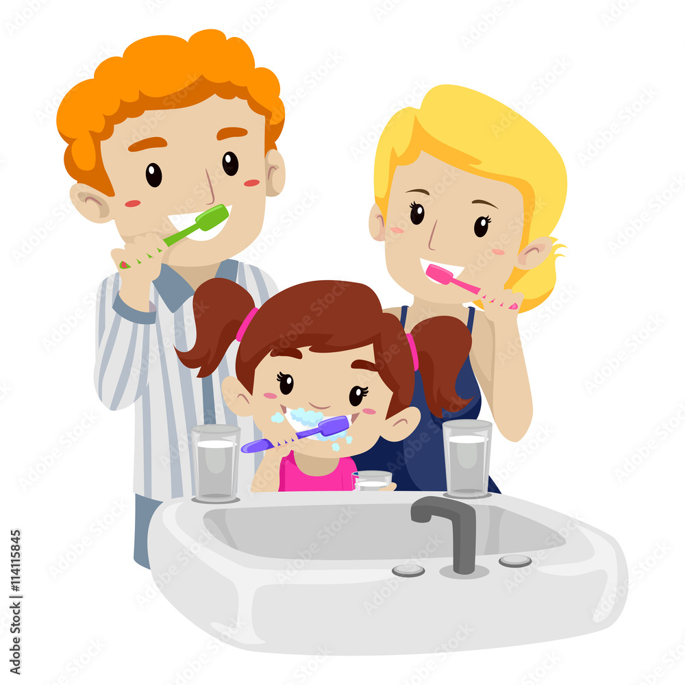 Vector Illustration of Family Brushing their Teeth Vector Illustration of Family Brushing their Teeth