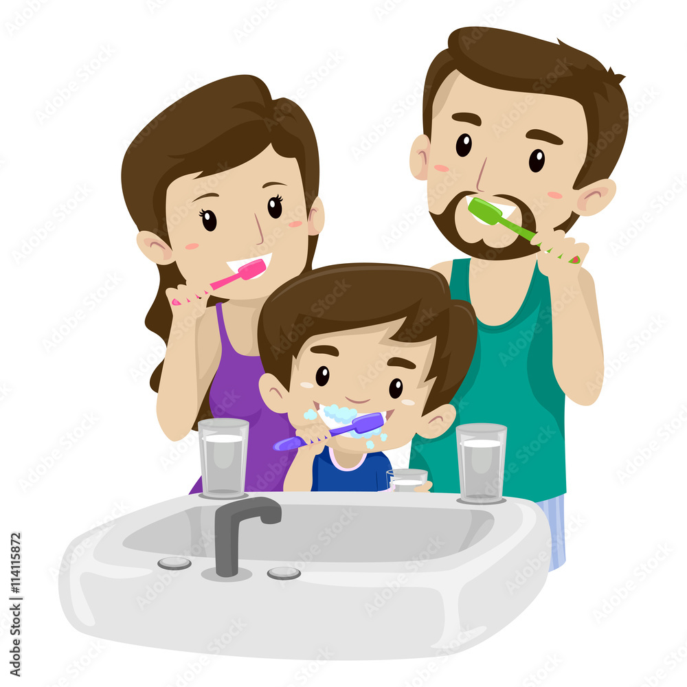 Vector Illustration of Asian Family Brushing their Teeth Vector Illustration of Asian Family Brushing their Teeth