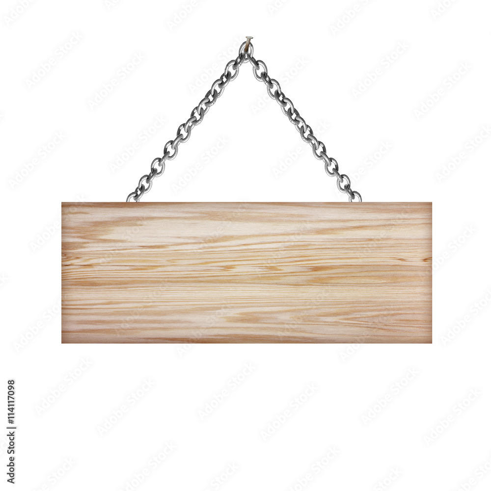 Wooden sign hanging on a chain isolated on white Wooden sign hanging on a chain isolated on white
