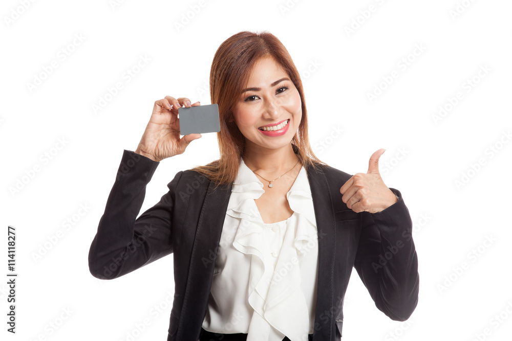 Young Asian business woman thumbs up with a blank card Young Asian business woman thumbs up with a blank card