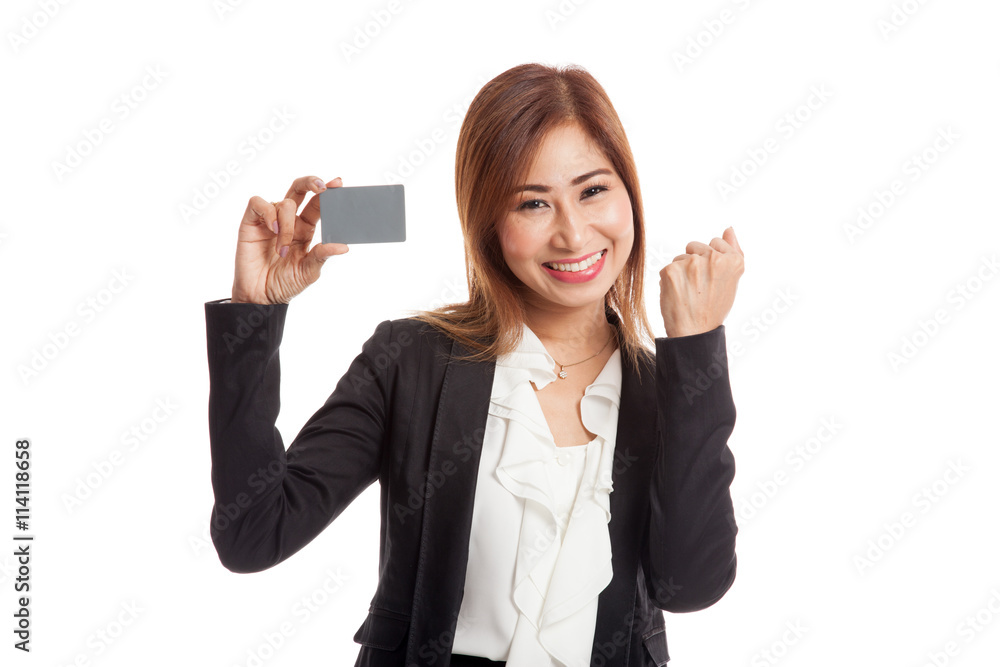 Young Asian business woman fist pump with blank card Young Asian business woman fist pump with blank card