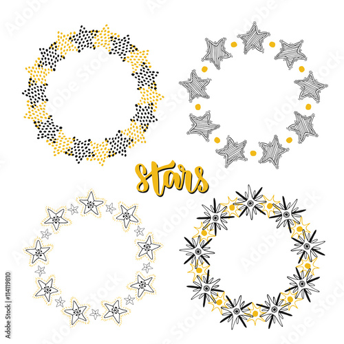 Stars frame background decoration set. Sketchy hand drawn vector illustration