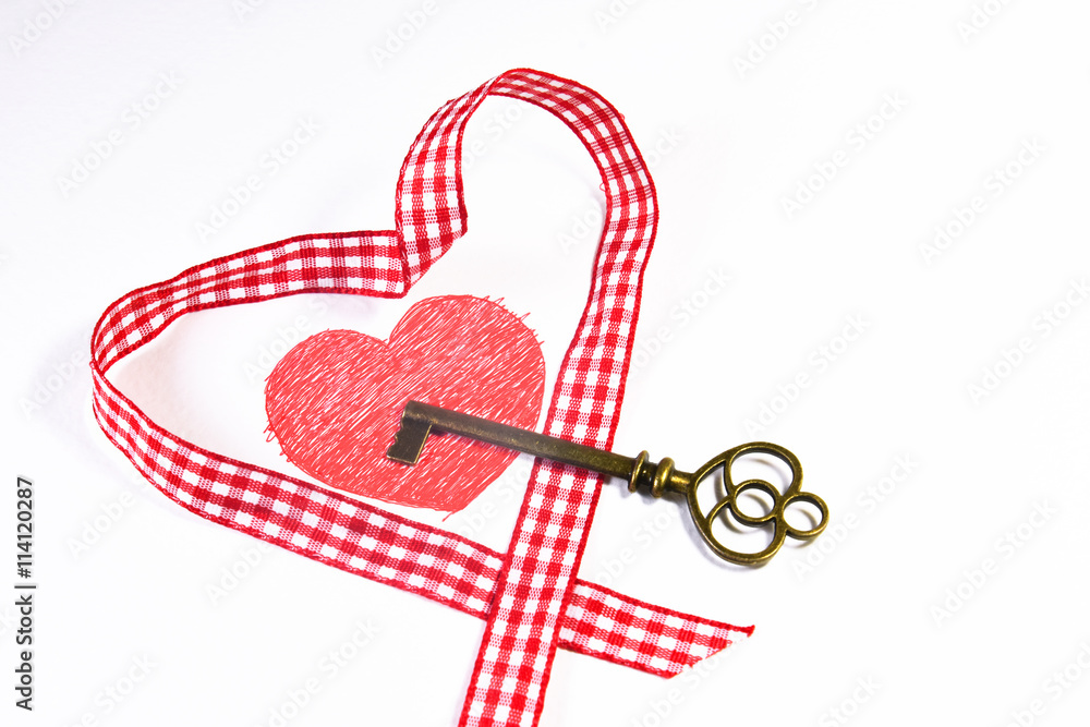 Fototapeta premium Key, Red Ribbon and Heart Drawing Shape