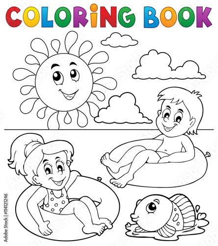 Coloring book children in swim rings 1