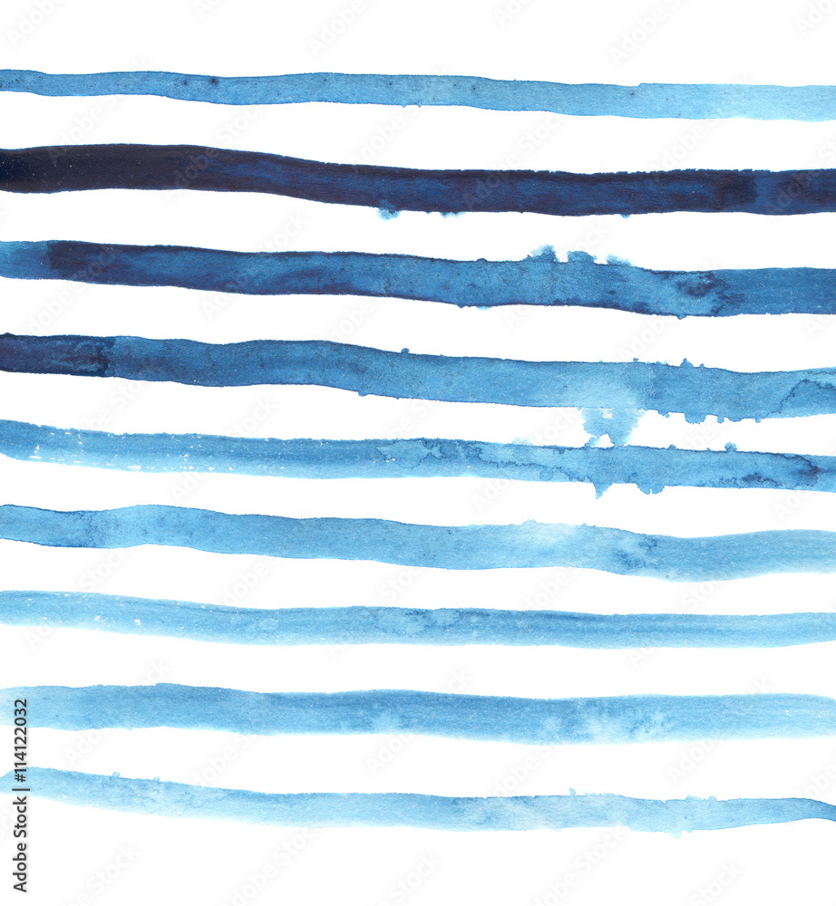 Abstract background painted by watercolor. Ink stains on paper. Blue sky or sea color stripes. Hand drawn illustration.