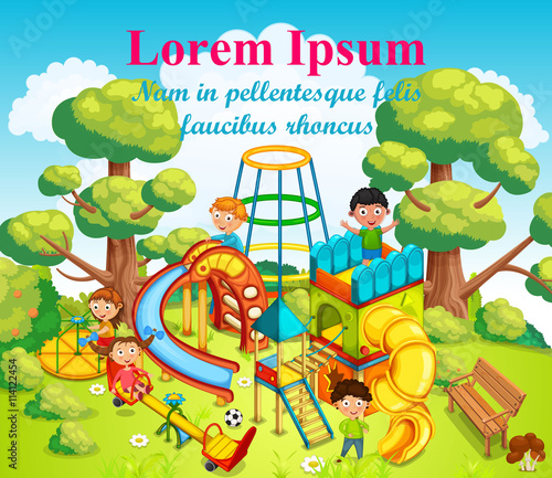 Happy children playing and having fun at the playground in the middle of the park. Vector illustration.